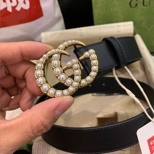 Gucci Black Leather Pearl Embellished Double G Buckle Belt 100 CM